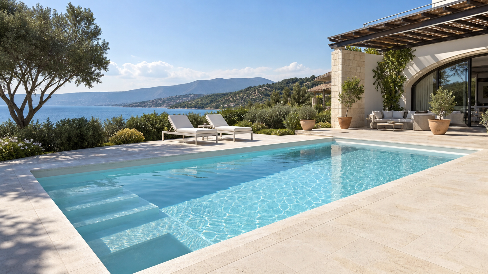 Modern villa bahçesinde polyester havuz
